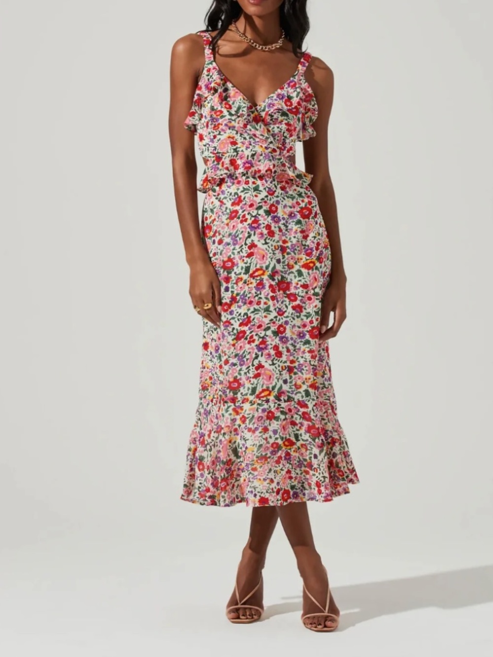 ASTR Floral Pattern Frill Cutout Midi Dress - S